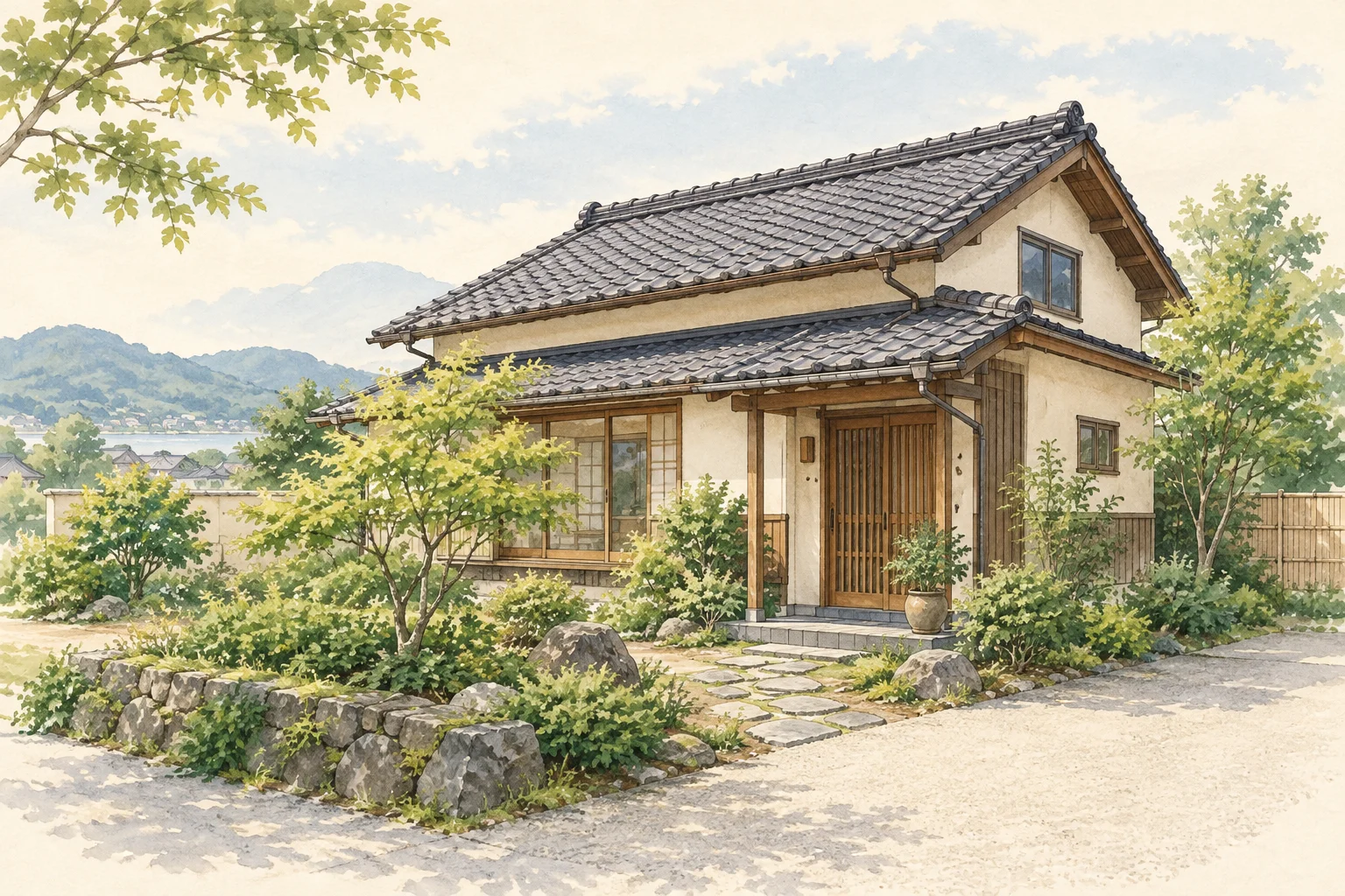 庭のある日本の住まいを描いたイメージイラスト
